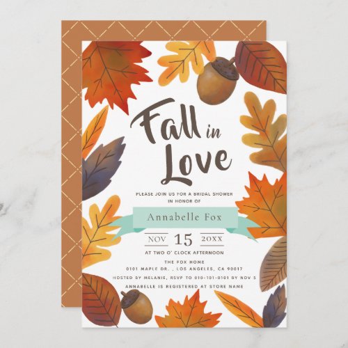 Fall in Love Autumn Leaves Brown Bridal Shower Invitation
