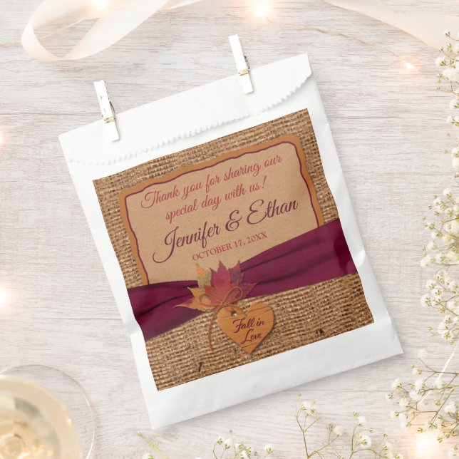 Fall in Love, Autumn Leaves, Burlap Wedding Favor Bag (Clipped)