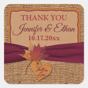 Fall in Love, Autumn Leaves, Burlap Wedding Favor Square Sticker