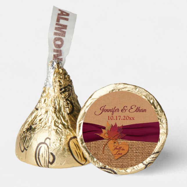 Fall in Love, Autumn Leaves, Burlap Wedding Hershey®'s Kisses® (Front)
