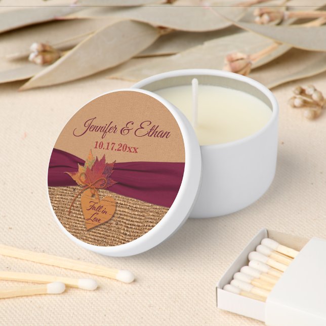Fall in Love, Autumn Leaves, Burlap Wedding Mini Candle Favors (Insitu)