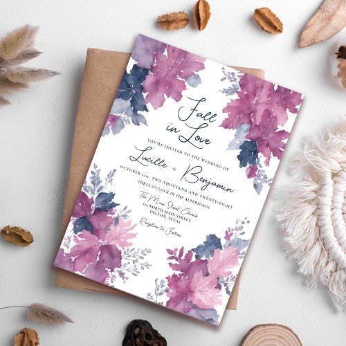 Fall in Love Autumn Leaves Navy Blue Mauve Wedding Invitation