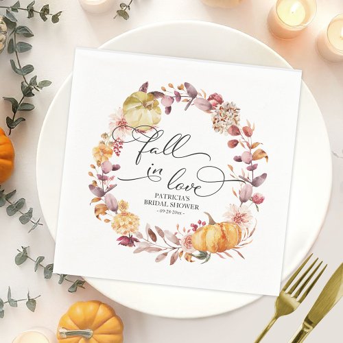 Fall In Love Autumn Leaves Pumpkin Bridal Shower Napkins