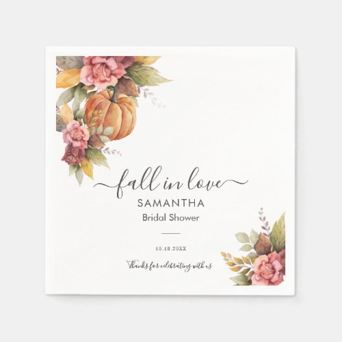 Fall in Love Autumn Leaves Pumpkin Bridal Shower Napkins