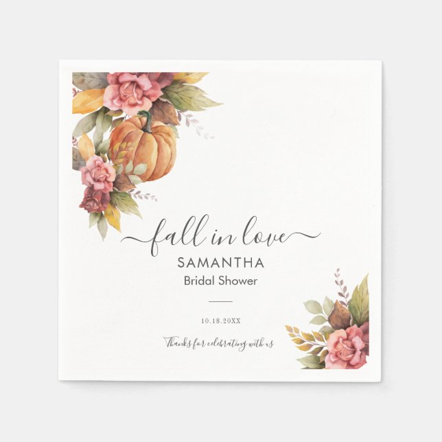 Fall in Love Autumn Leaves Pumpkin Bridal Shower Napkins (Front)