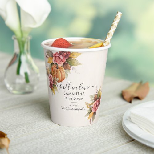 Fall in Love Autumn Leaves Pumpkin Bridal Shower Paper Cups