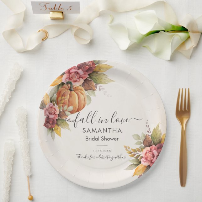 Fall in Love Autumn Leaves Pumpkin Bridal Shower Paper Plates (Wedding)