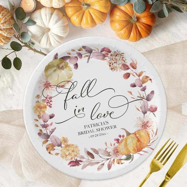 Fall In Love Autumn Leaves Pumpkin Bridal Shower Paper Plates (Creator Uploaded)