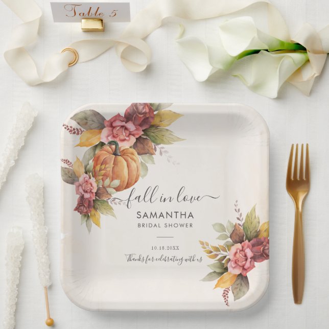 Fall in Love Autumn Leaves Pumpkin Bridal Shower Paper Plates (Wedding)