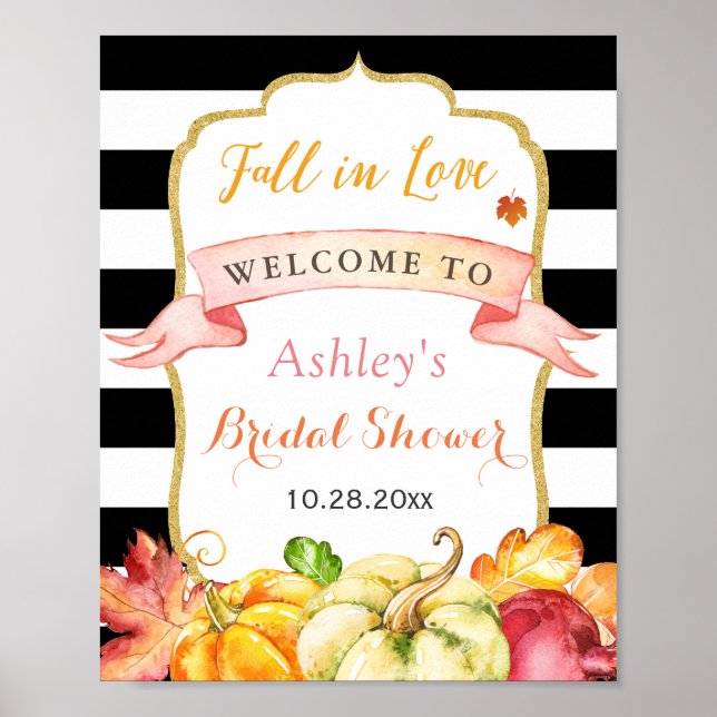 Fall in Love Autumn Leaves Pumpkin Bridal Shower Poster (Front)