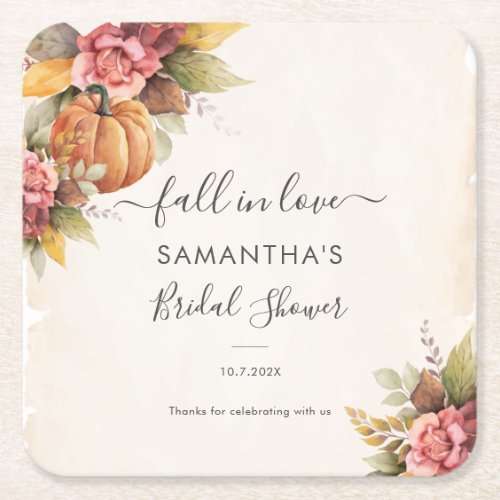 Fall in Love Autumn Leaves Script Bridal Shower Square Paper Coaster
