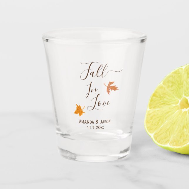 Fall In Love Autumn Leaves Wedding Favor Shot Glass (Front)