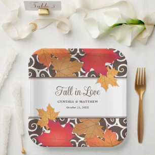 Fall In Love  Autumn Leaves Wedding Monogram Paper Plates