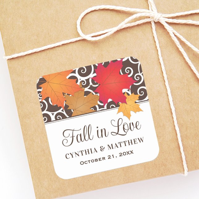 Fall In Love  Autumn Leaves Wedding Monogram Square Sticker (Creator Uploaded)