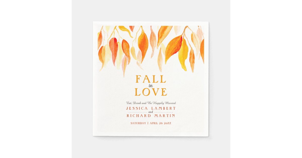 Fall in love autumn orange leaves wedding napkins | Zazzle