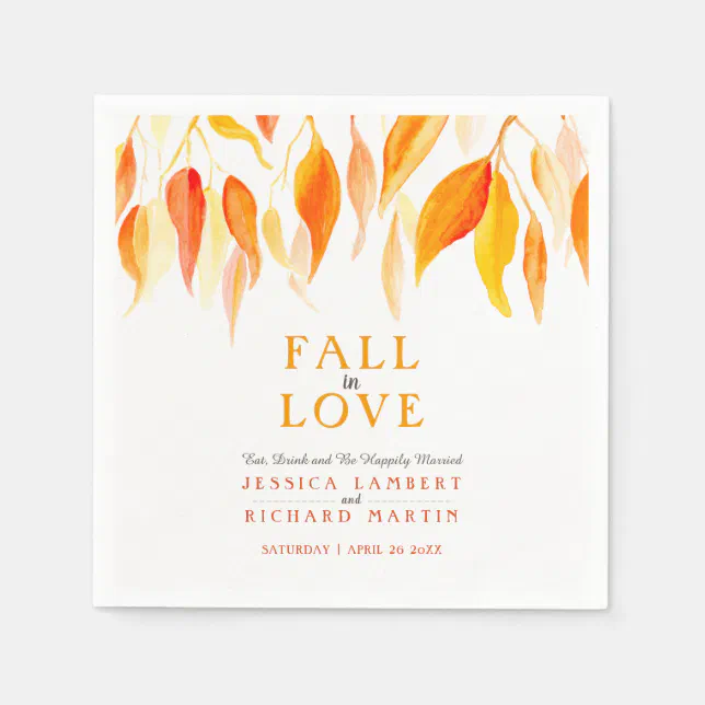 Fall in love autumn orange leaves wedding napkins | Zazzle