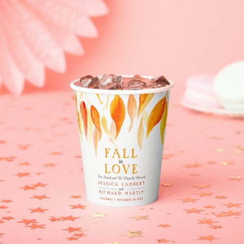 Fall in love autumn orange leaves wedding  paper cups