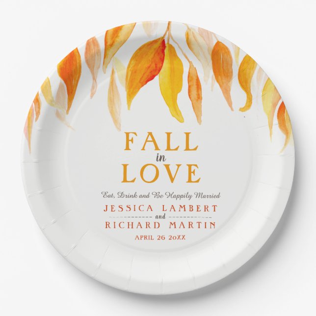 Fall in love autumn orange leaves wedding paper plates (Front)