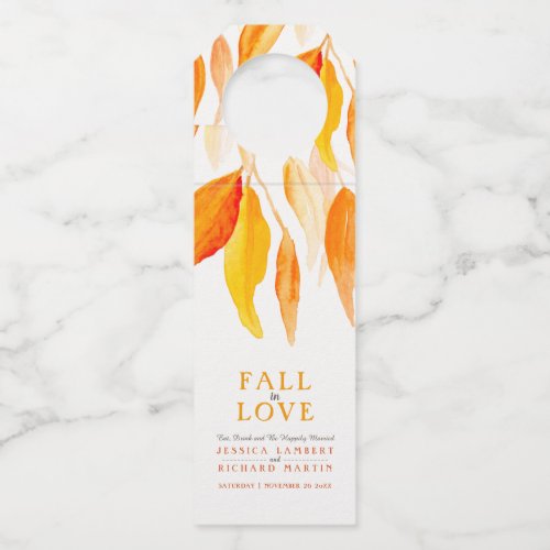 Fall in love autumn orange leaves wedding wine bottle hanger tag