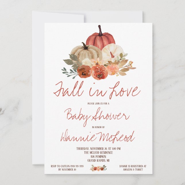 Fall in Love, Autumn Pumpkin Floral Baby Shower Invitation (Front)