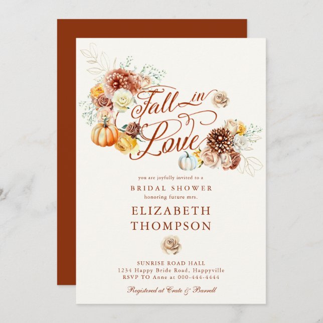 Fall in Love Autumn Pumpkin Gold Bridal Shower Invitation (Front/Back)