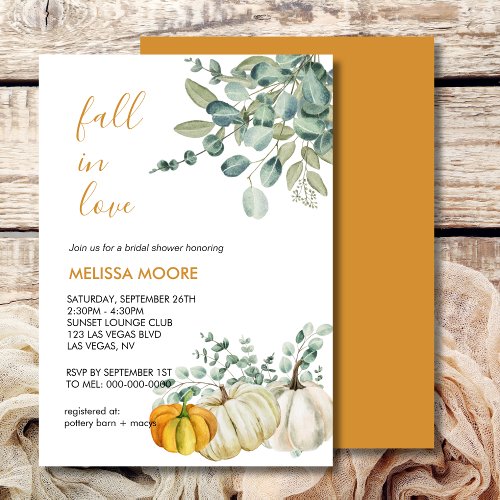 Fall in love autumn pumpkin greenery bridal shower invitation