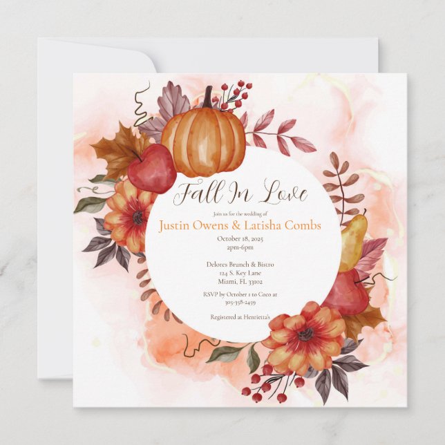 Fall In Love Autumn Pumpkin Wedding Ceremony Invitation (Front)