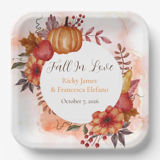 Fall In Love Autumn Pumpkin Wedding Engagement Paper Plates (Front)