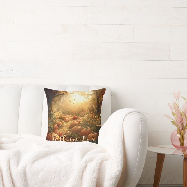 "Fall in Love" Autumn & Pumpkins Forest Scene Throw Pillow (Couch)