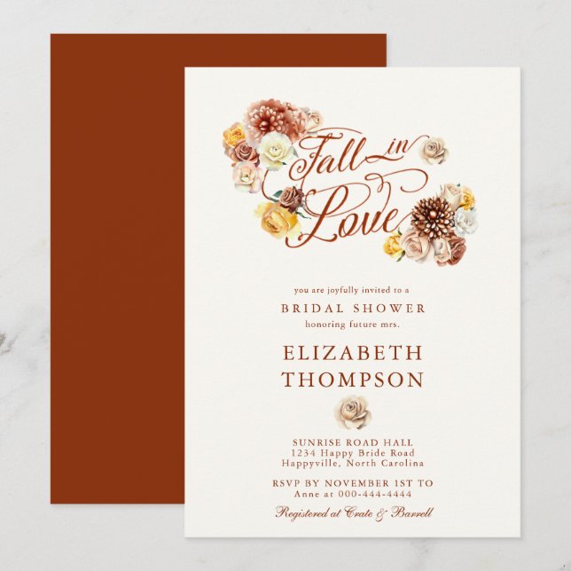 Fall in Love Autumn Rose Mum Garden Bridal Shower Invitation (Front/Back)