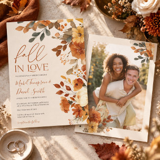 Fall in Love Autumn Rustic Floral Photo Wedding Invitation