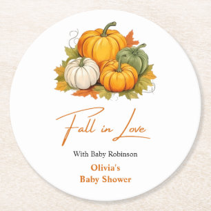 Fall in Love Autumn Rustic Pumpkin Baby Shower Round Paper Coaster