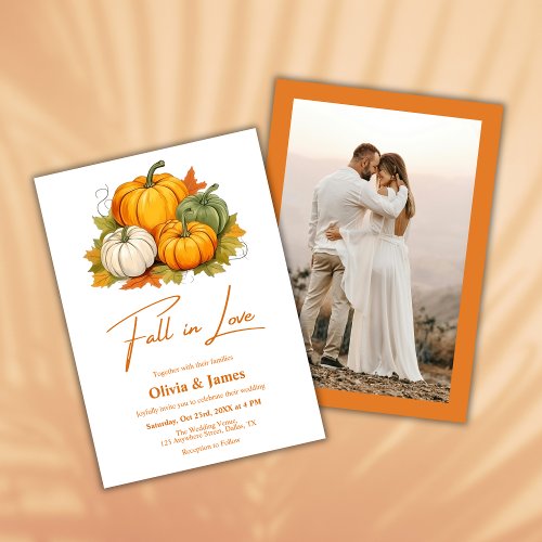 Fall in Love Autumn Rustic Pumpkin Photo Wedding  Invitation