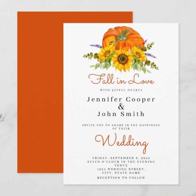 Fall in Love Autumn Sunflower Pumpkin Wedding Invitation (Front/Back)