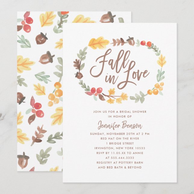 Fall in Love Autumn Watercolor Bridal Shower Invitation (Front/Back)