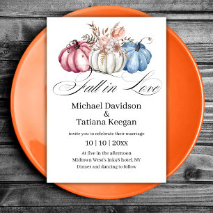 fall in love autumn watercolor pumpkins wedding invitation