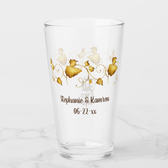 Fall in Love Autumn Wedding with Names & Date Glass (Back)