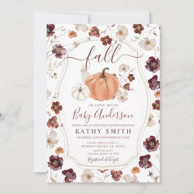 Fall In Love Autumn Wildflower Pumpkin Baby Shower Invitation (Front)