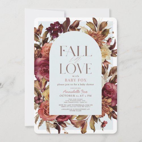 Fall in Love Autumn Wreath Arch Blue Baby Shower Invitation