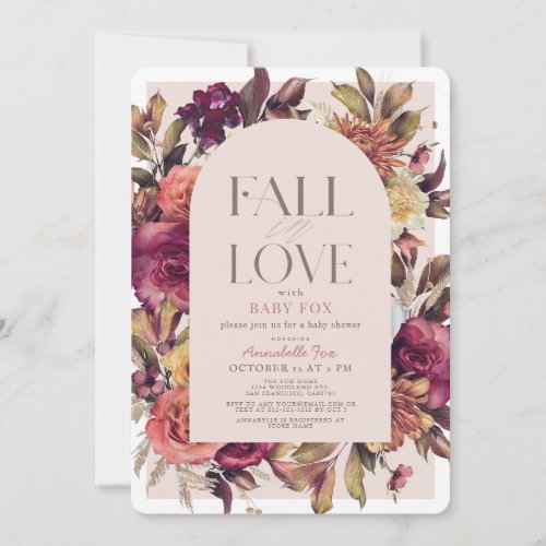 Fall in Love Autumn Wreath Arch Pink Baby Shower Invitation
