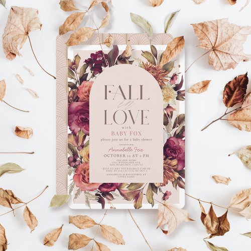 Fall in Love Autumn Wreath Arch Pink Baby Shower Invitation