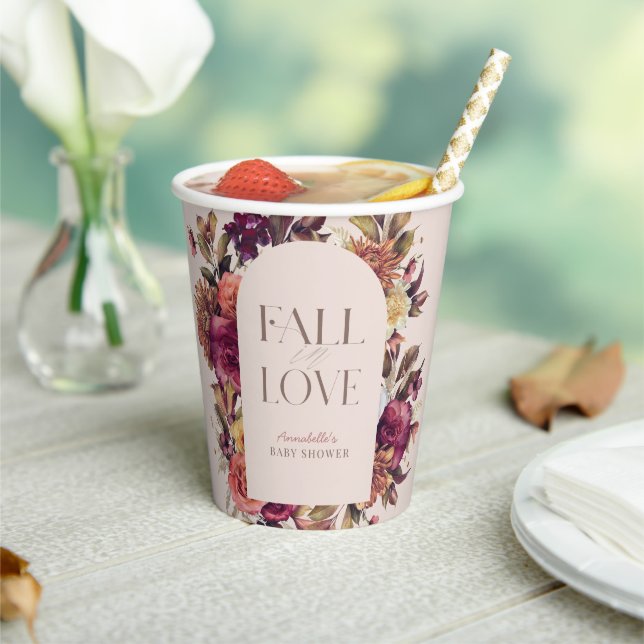 Fall in Love Autumn Wreath Arch Pink Bridal Shower Paper Cups (Insitu)