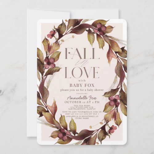 Fall in Love Autumn Wreath Pink Baby Shower Invitation