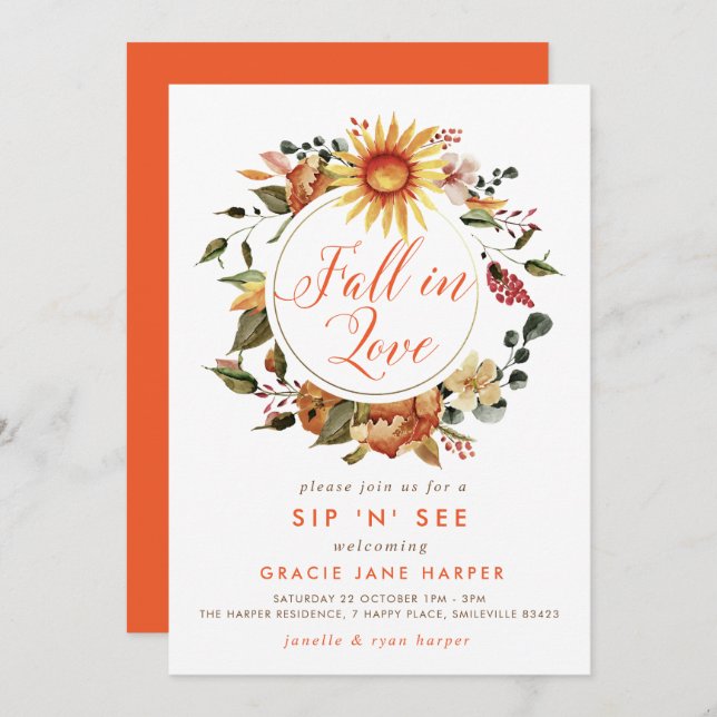Fall in Love Autumn Wreath Sip & See Invitation (Front/Back)