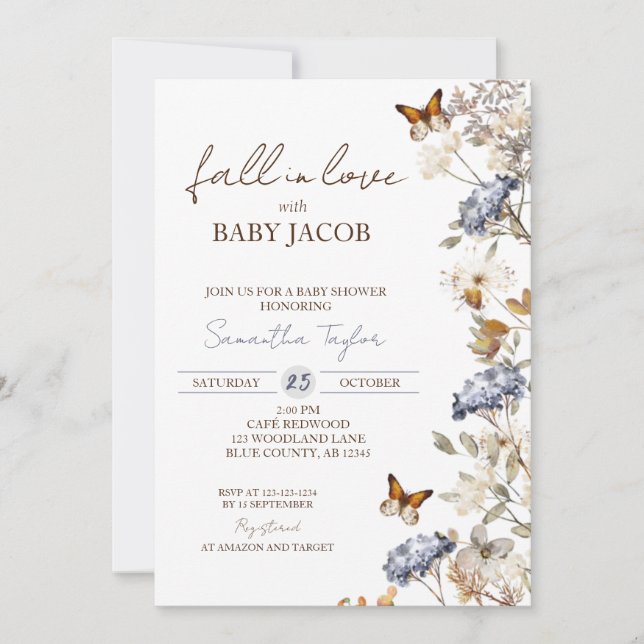 Fall in Love Baby Shower, Autumn Foliage, Blue Invitation (Front)