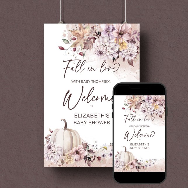 Fall in love baby shower boho pastel welcome sign (Fall in love boho pumpkin dahlia baby shower editable template welcome sign instant digital download)