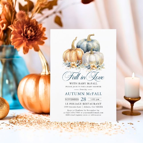 Fall in Love Baby Shower Gold Blue Pumpkins Invitation