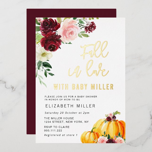 fall in love baby shower gold foil invitation (Front/Back)