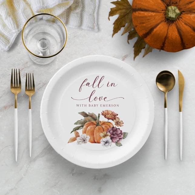 Fall In Love Baby Shower Paper Plates (Fall In Love With Baby Paper Plate Decor Baby Shower Fall Autumn Watercolor Pumpkin Floral)