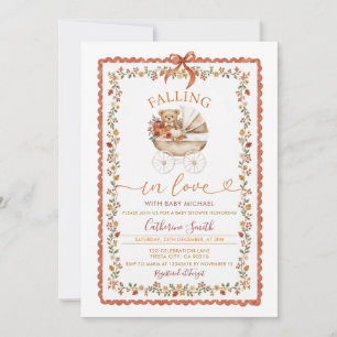 Fall in love Bear Pumpkin Baby shower Gingham Invitation